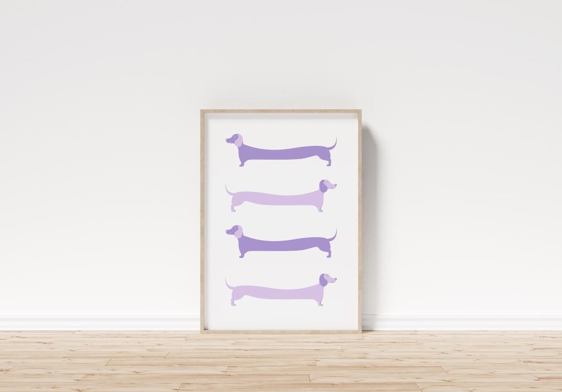 Purple Dachshund Silhouette Row Minimalist Kids Room Art Poster