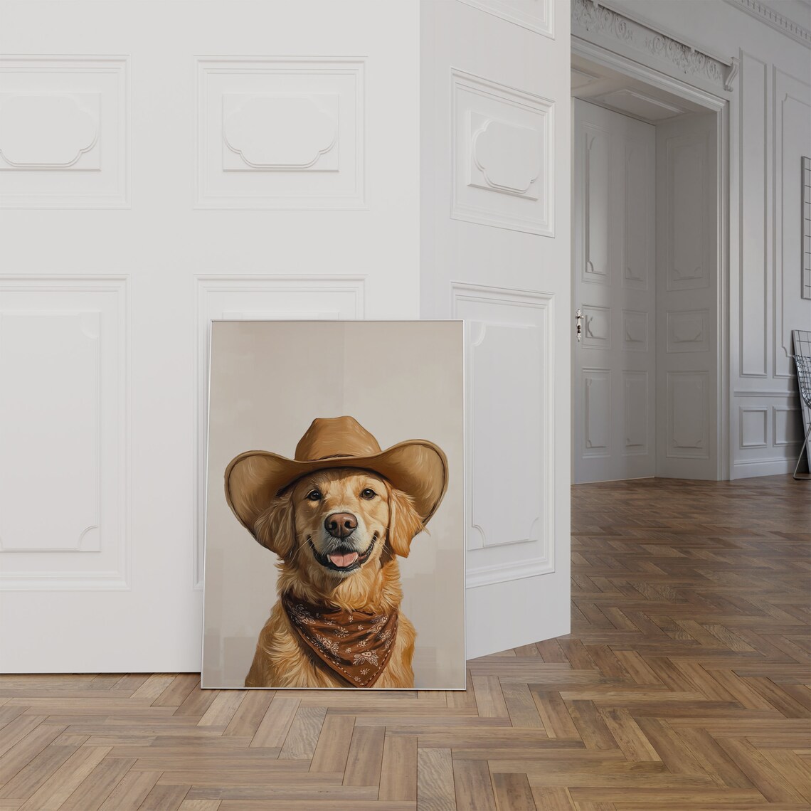 Golden Retriever in Cowboy Hat Brown Bandana Neutral Western Poster