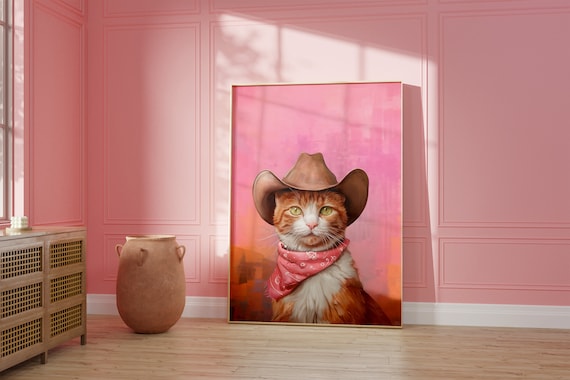 Orange Tabby Cat in Cowboy Hat Pink Bandana Western Cat Poster
