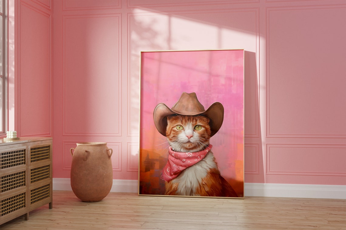 Orange Cat Cowgirl Hat Print Pink Print Vintage Art Western Girly Trendy Wall Art Cat Print Cowgirl Hat Print Funky Western Art