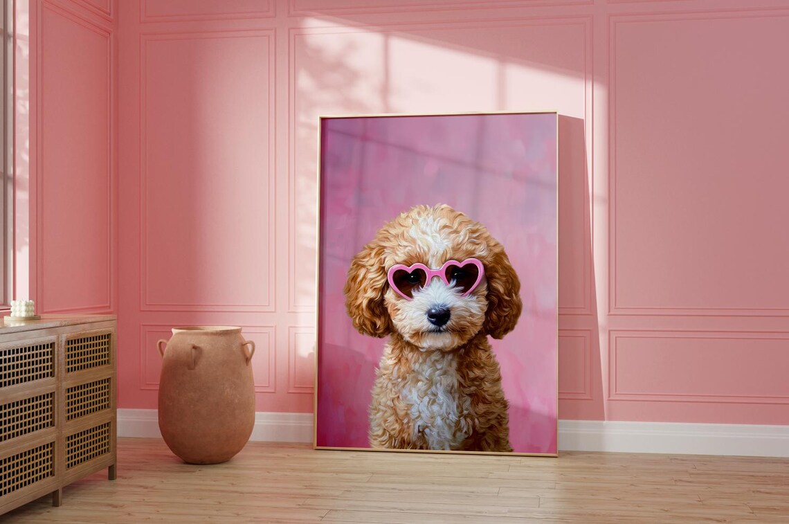 Goldendoodle Puppy in Pink Heart Sunglasses Funny Pet Poster - Image 2