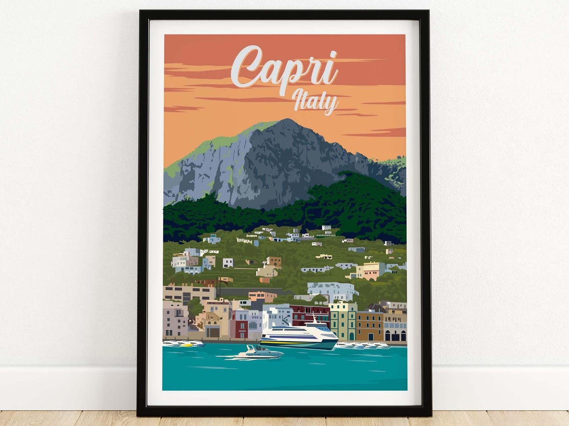 Capri Italy Retro Script Island Harbor Sunset Scenic Art Poster