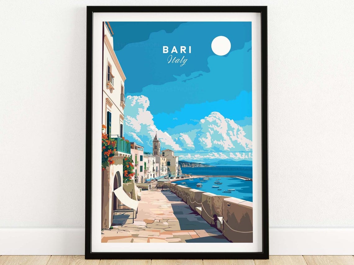 Bari Italy Seaside Promenade Boats Sunny Harbor Walk View Poster