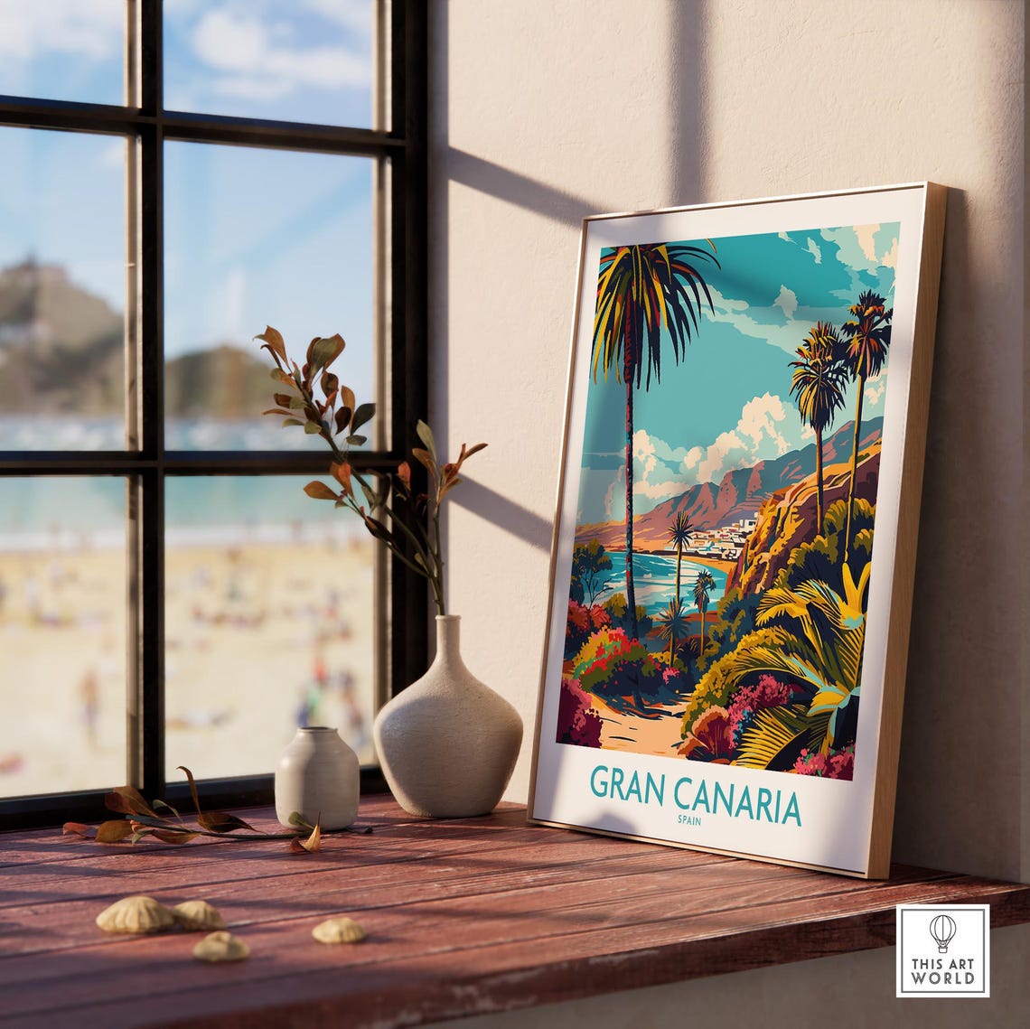 Gran Canaria Spain Palm Framed Cove Mountain Coastline Poster - Image 3