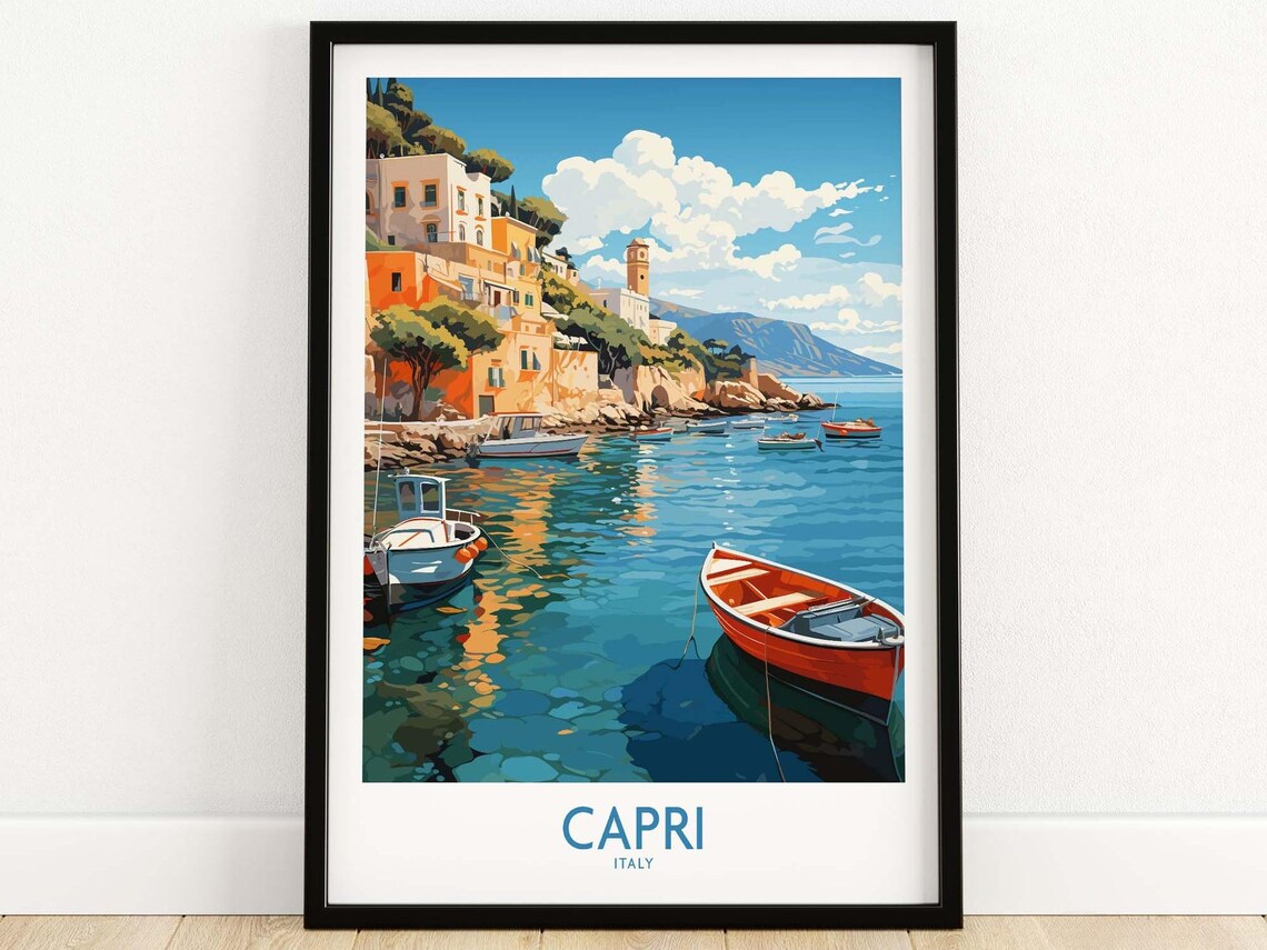 Capri Italy Harbor Fishing Boats Cliffside Village Seascape Poster