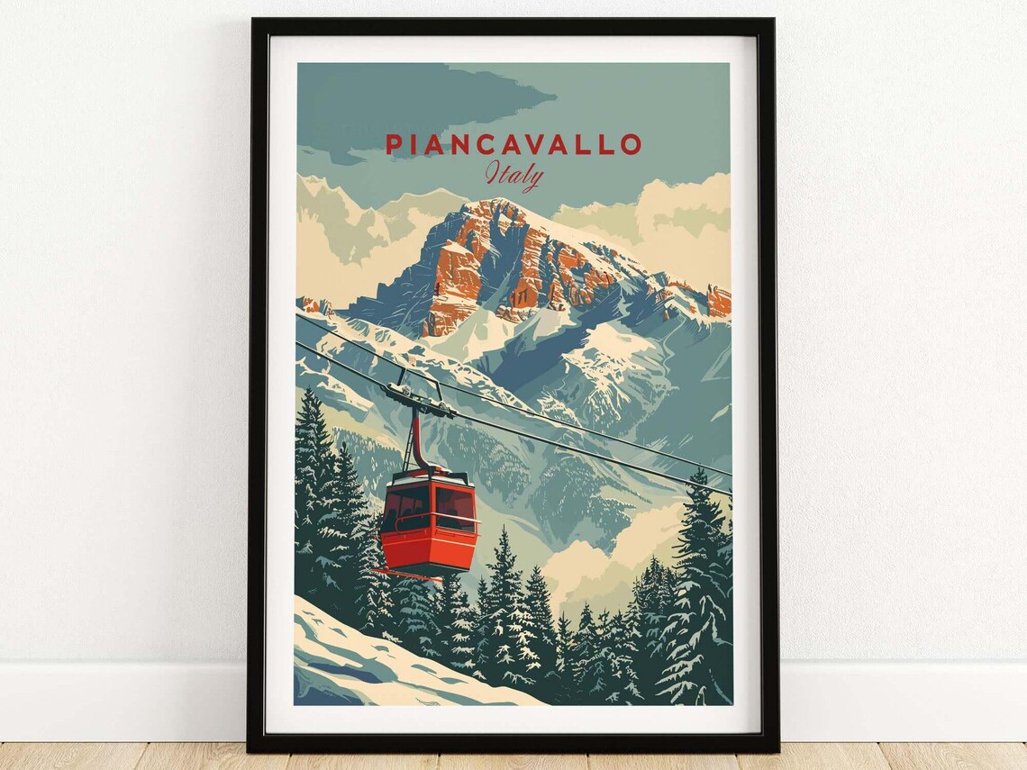 Piancavallo Italy Cable Car Poster With Sunset Tinted Peak View