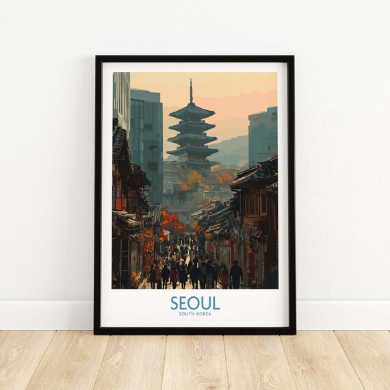 Seoul South Korea Historic Street Pagoda Sunset Travel Poster