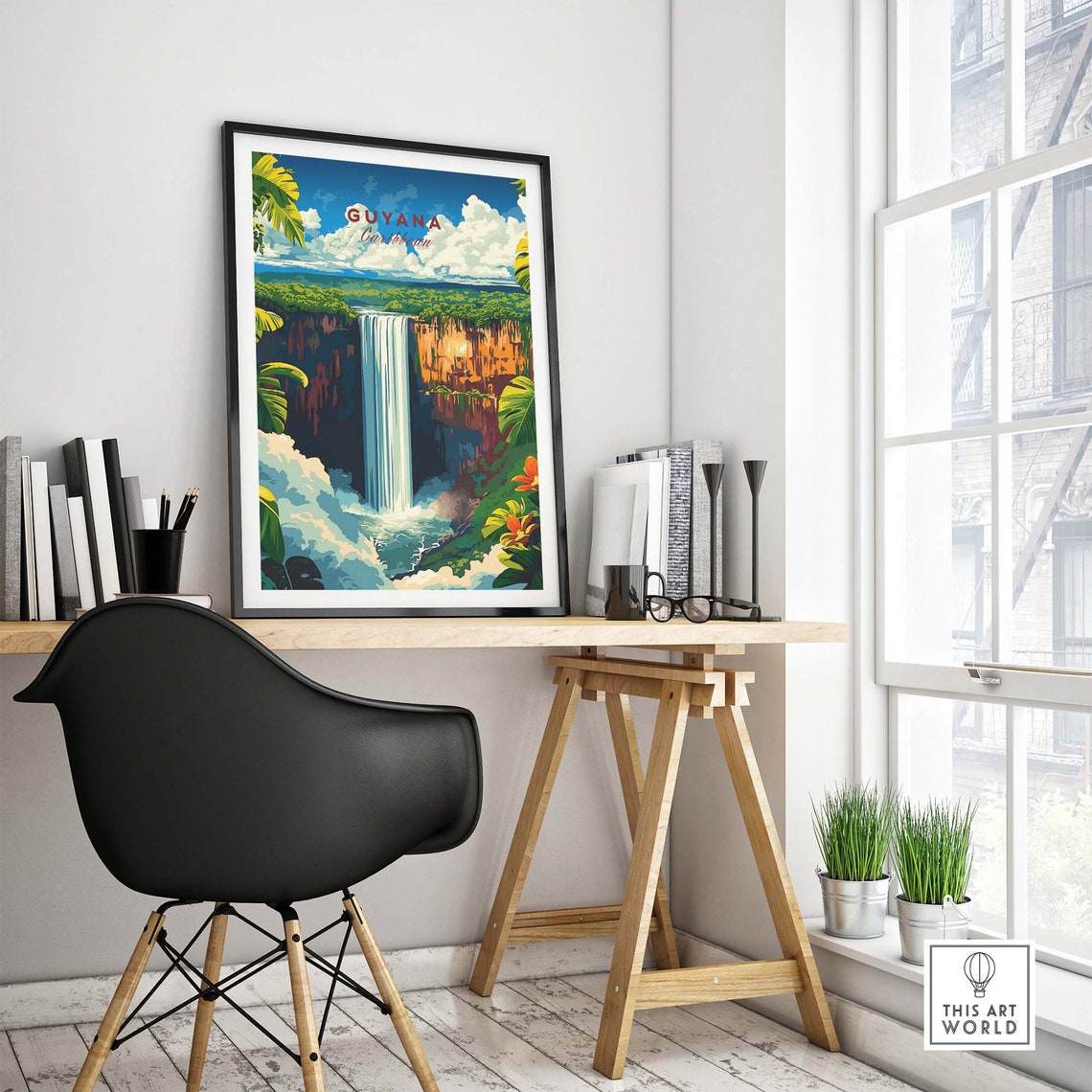 Guyana Caribbean Jungle Waterfall Red Cliffs Flowers Scene Poster - Image 4
