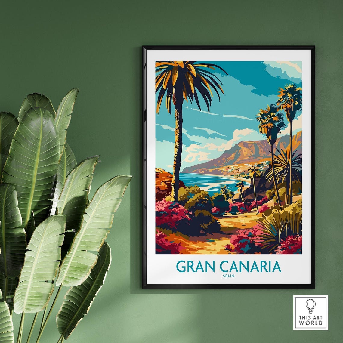 Retro Gran Canaria Spain Palm Coast Cliffs Floral Path Poster - Image 2