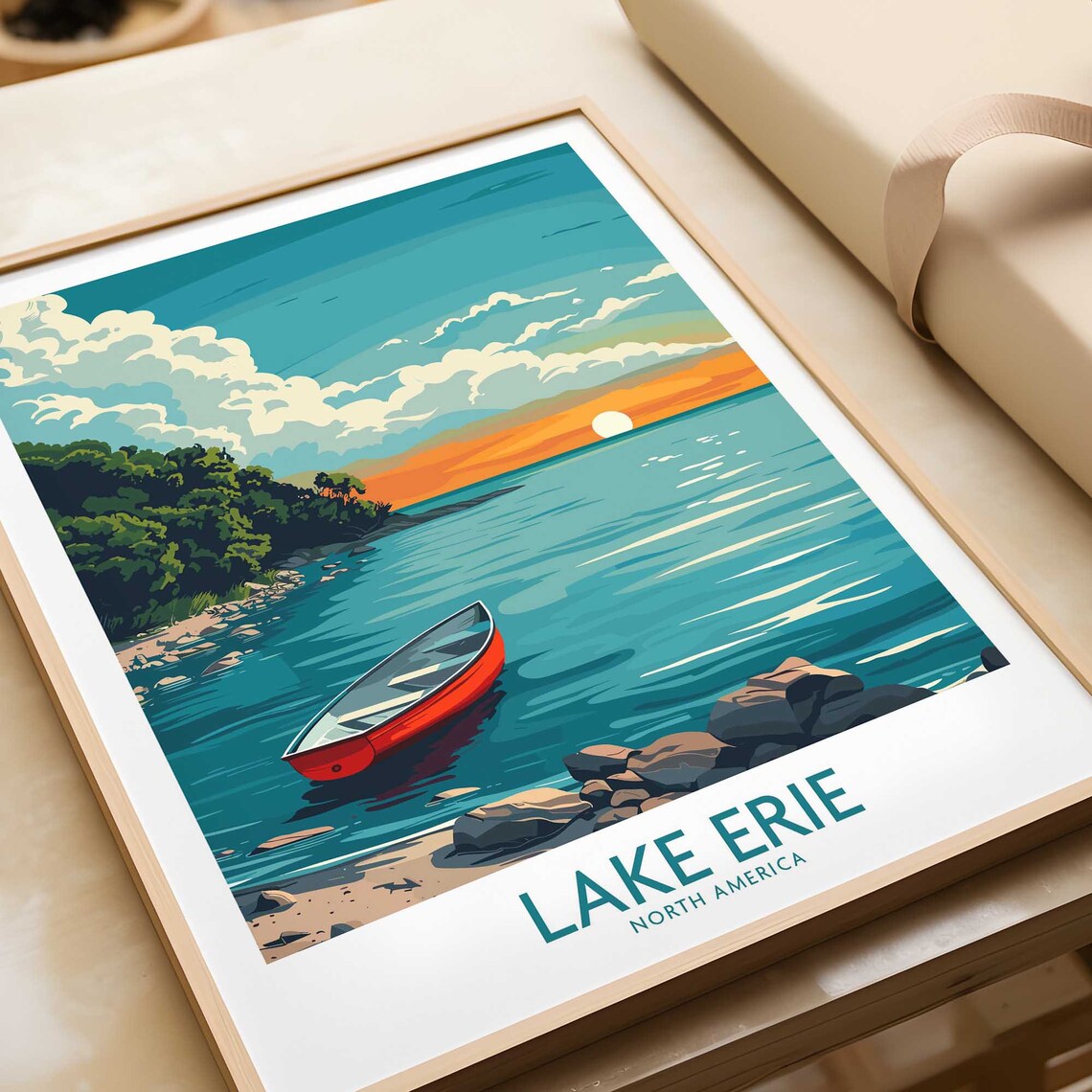 Lake Erie North America Red Canoe Rocky Shoreline Sunset Poster