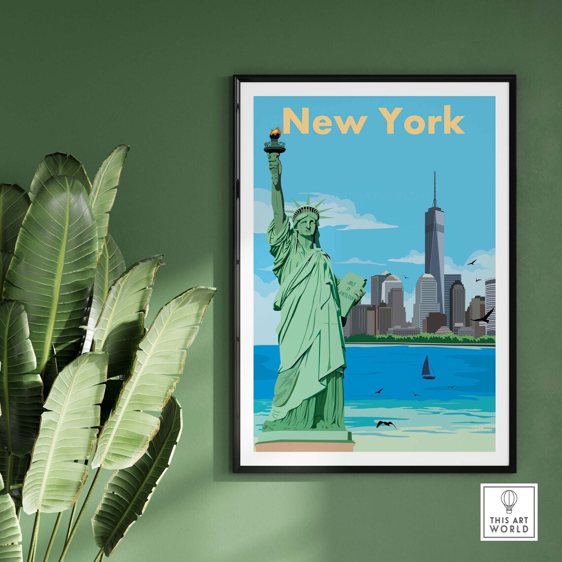 Vintage Blue New York Statue Of Liberty Skyline Harbor Poster - Image 2