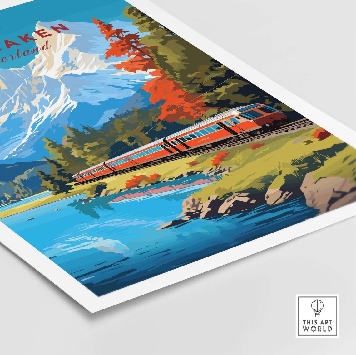 Interlaken Switzerland Red Train Alpine Lake Vintage Railway Poster - Image 3