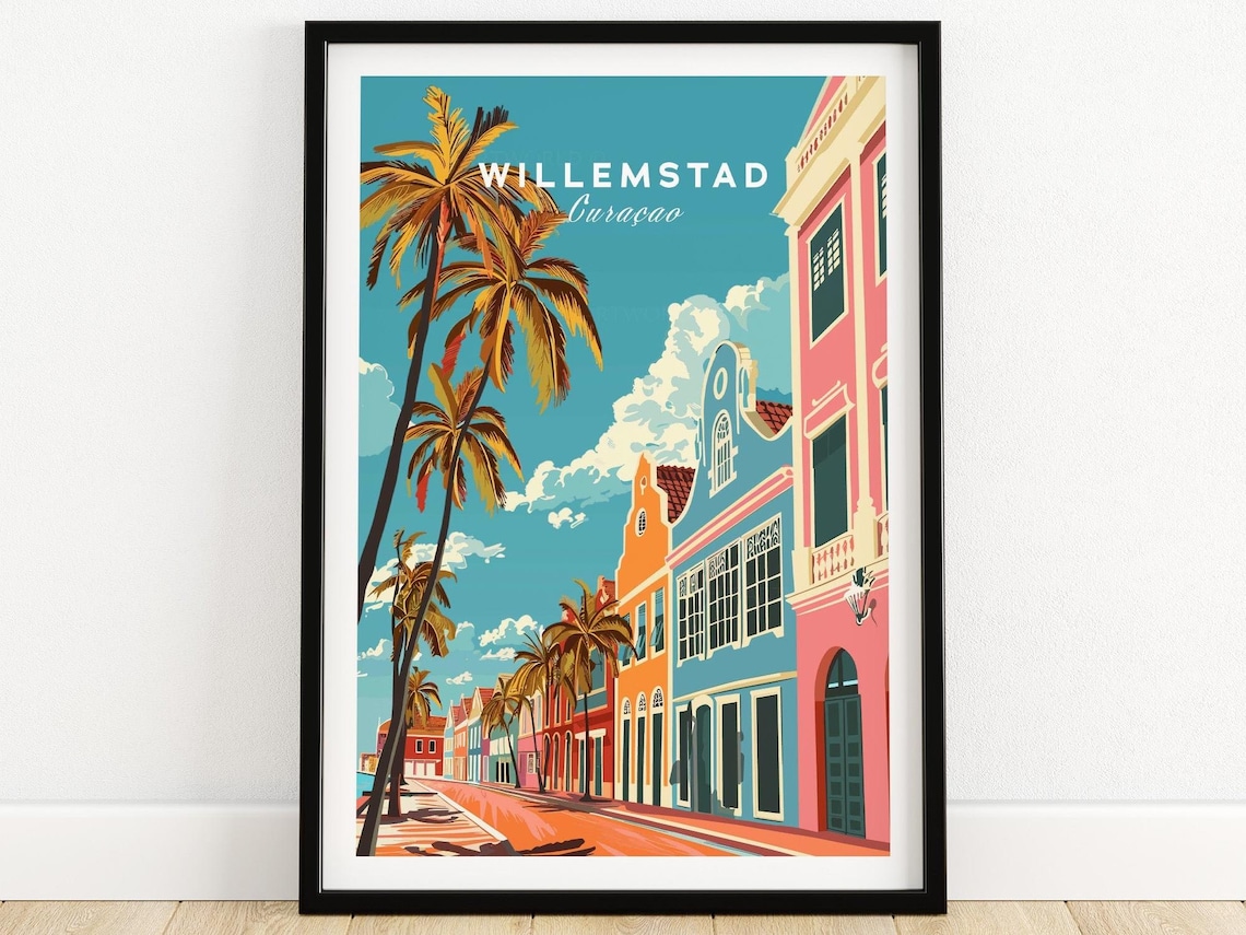 Willemstad Curacao Colorful Dutch Colonial Street Travel Poster