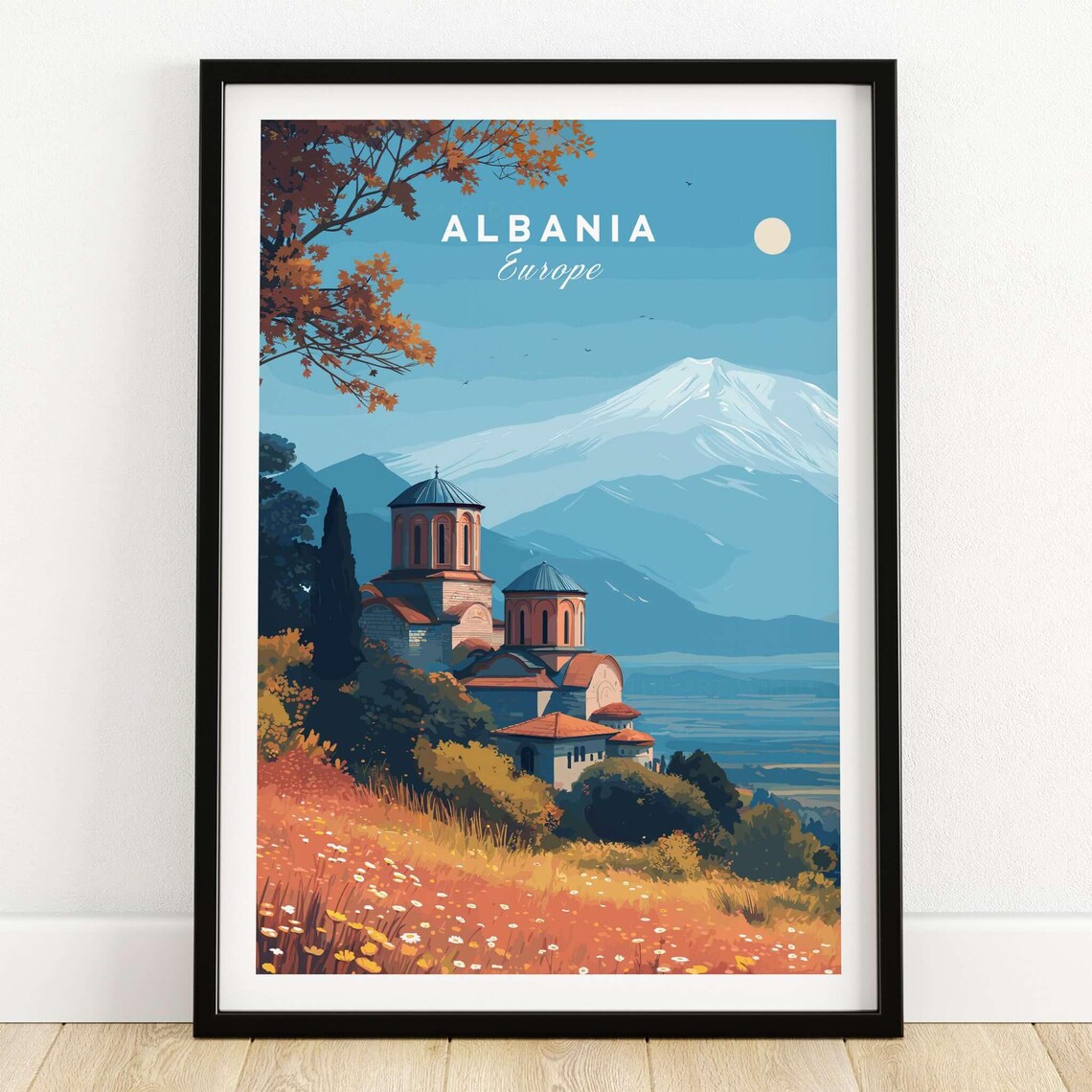 Albania Travel Poster With Historic Monastery On Hill And Snowy Peaks
