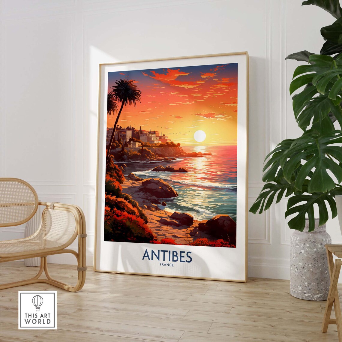 Red Antibes France Sunset Rocky Coast Palms Riviera Glow Poster - Image 3