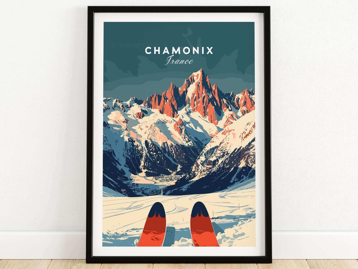 Chamonix Ski Poster Art Print, France Lodge Decor