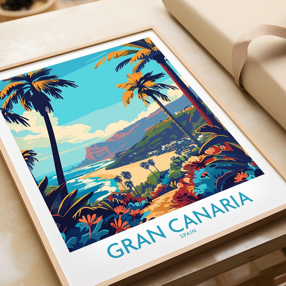 Gran Canaria Spain Palm Trees Beach Bay Tropical Coast Travel Poster