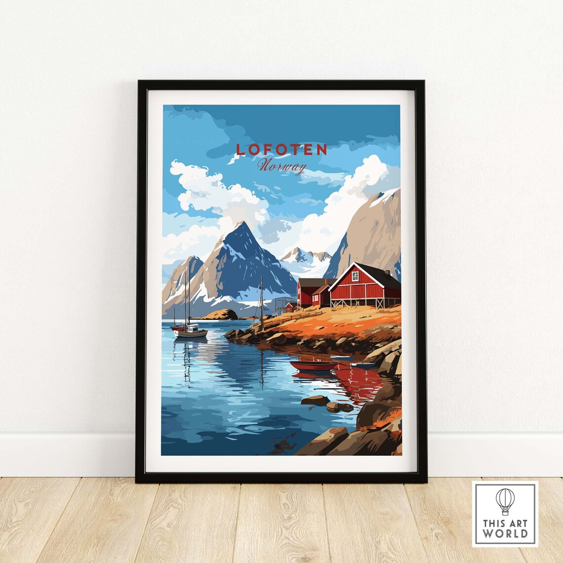 Lofoten Norway Red Cabins Fishing Boats Fjord Mountain Poster