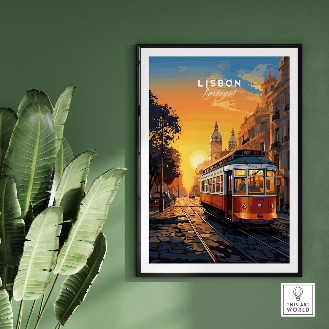 Lisbon Portugal Classic Tram Sunset Street Scene Vintage Travel Poster - Image 2