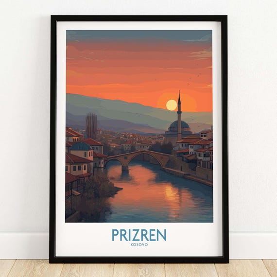 Kosovo Wall Art Prizren Sunset Over River Bistrica Vintage Style
