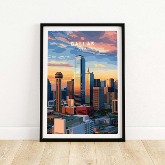 Dallas Texas Skyline at Sunset Reunion Tower Colorful Travel Poster