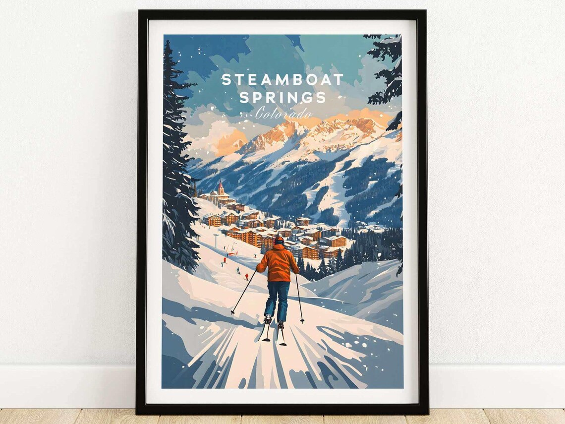 Steamboat Springs Colorado Skier Gliding Toward Village Ski Travel Poster