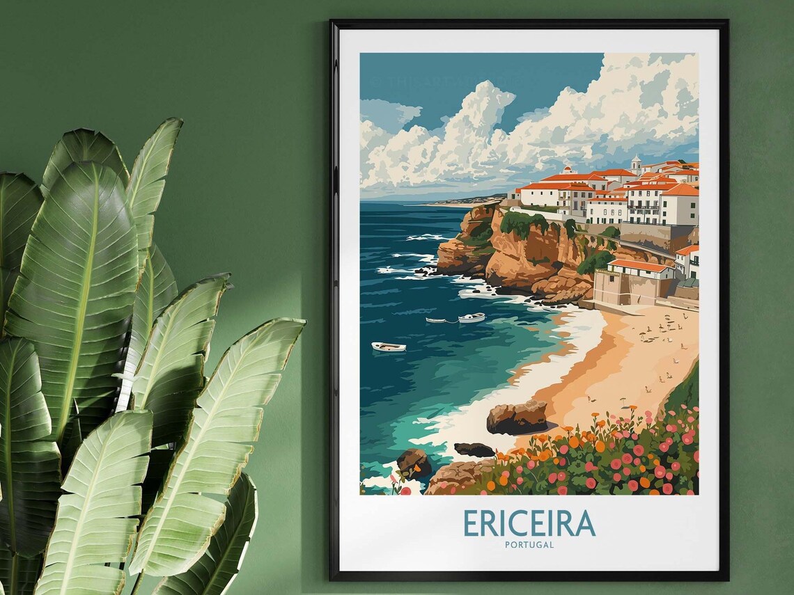 Ericeira Portugal Cliff Beach Red Roof Village Travel Poster