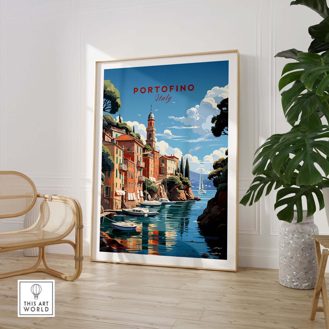 Retro Portofino Italy Harbor Boats Church Tower Seaside Poster - Image 3