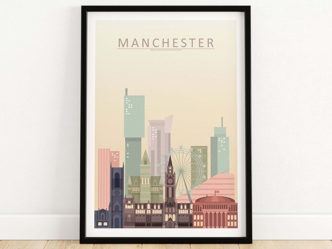 Manchester Skyline Travel Poster, Cityscape Wall Art