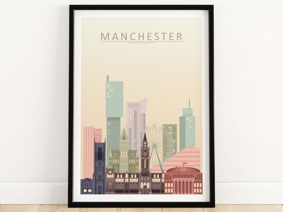 Manchester Skyline Travel Poster, Cityscape Wall Art