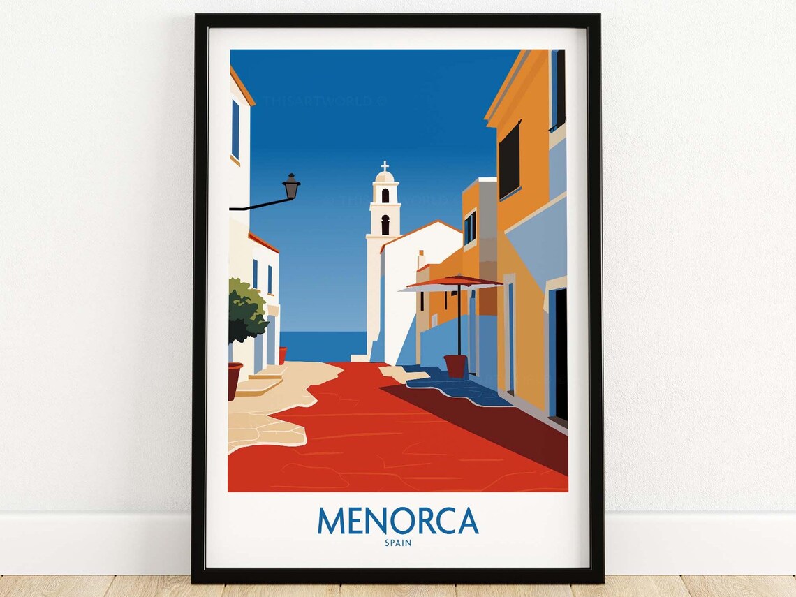 Menorca Spain Old Town Church Tower Street Vintage Travel Poster