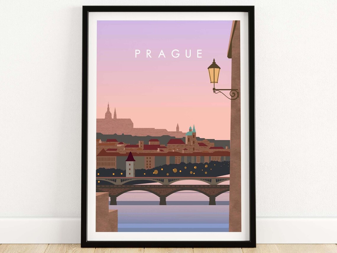 Prague Travel Poster, Czech City Skyline Art