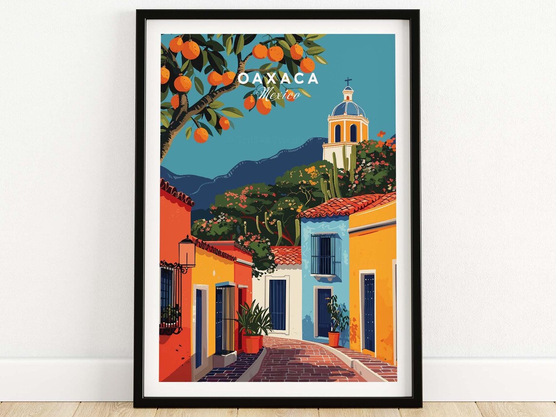 Oaxaca Mexico Colorful Colonial Street Travel Poster with Church Tower