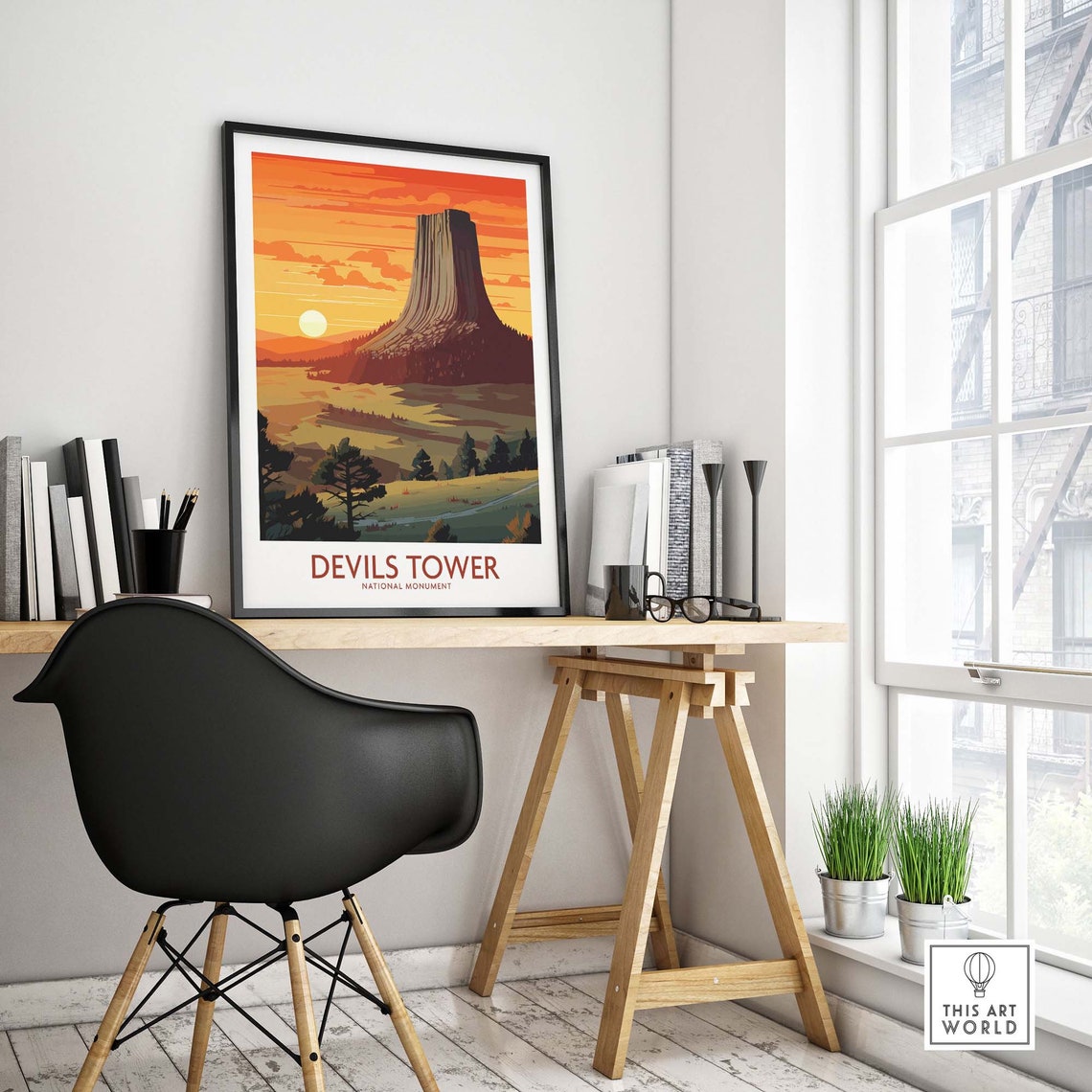Devils Tower National Monument Wyoming Sunset Orange Sky Poster - Image 4