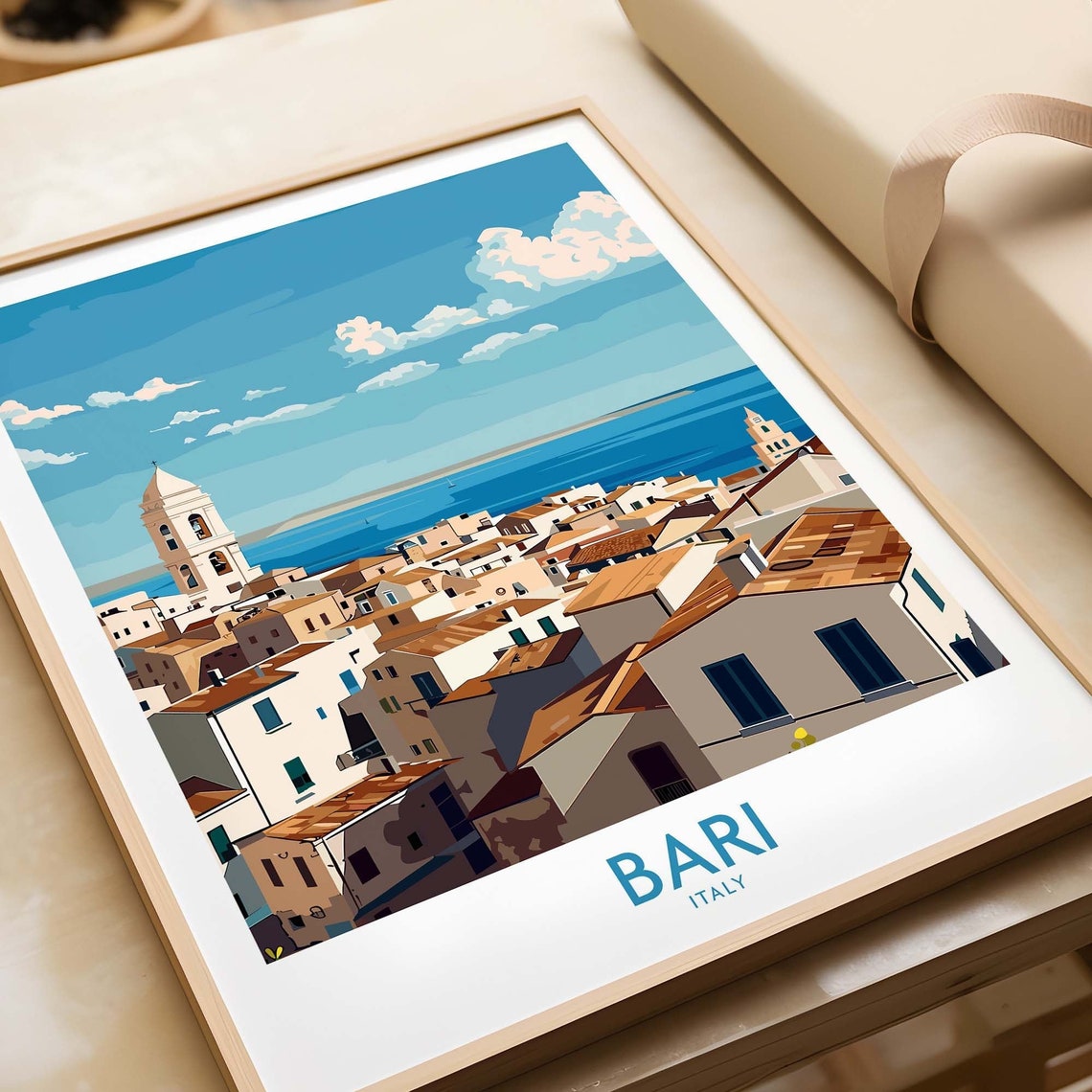 Bari Italy Rooftop Panorama Over Sea White Town Travel Poster