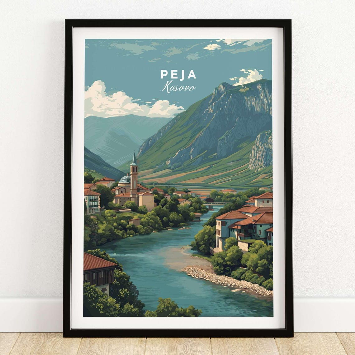 Peja Kosovo River Bridge Mountain Valley Travel Art Decor Poster