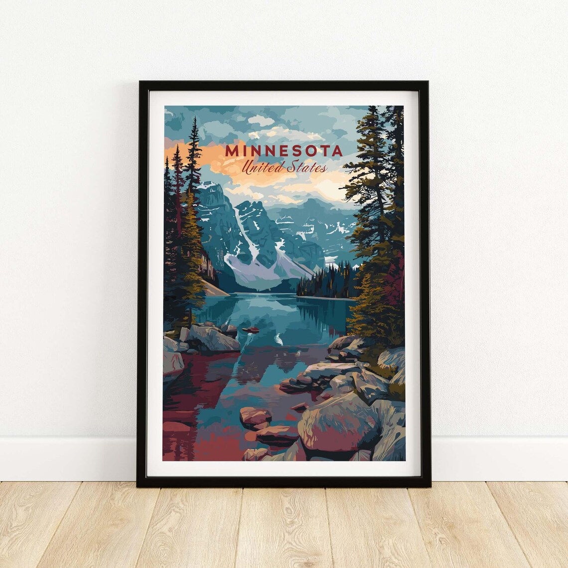 Minnesota Mountain Lake Sunset Reflection Vintage Travel Poster