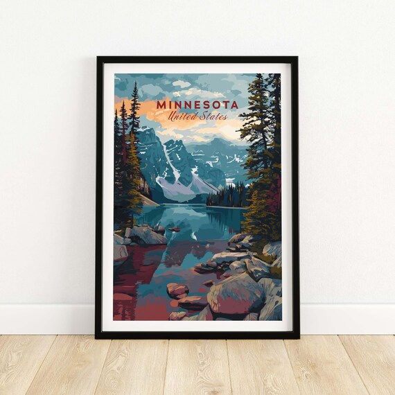 Minnesota Mountain Lake Sunset Reflection Vintage Travel Poster