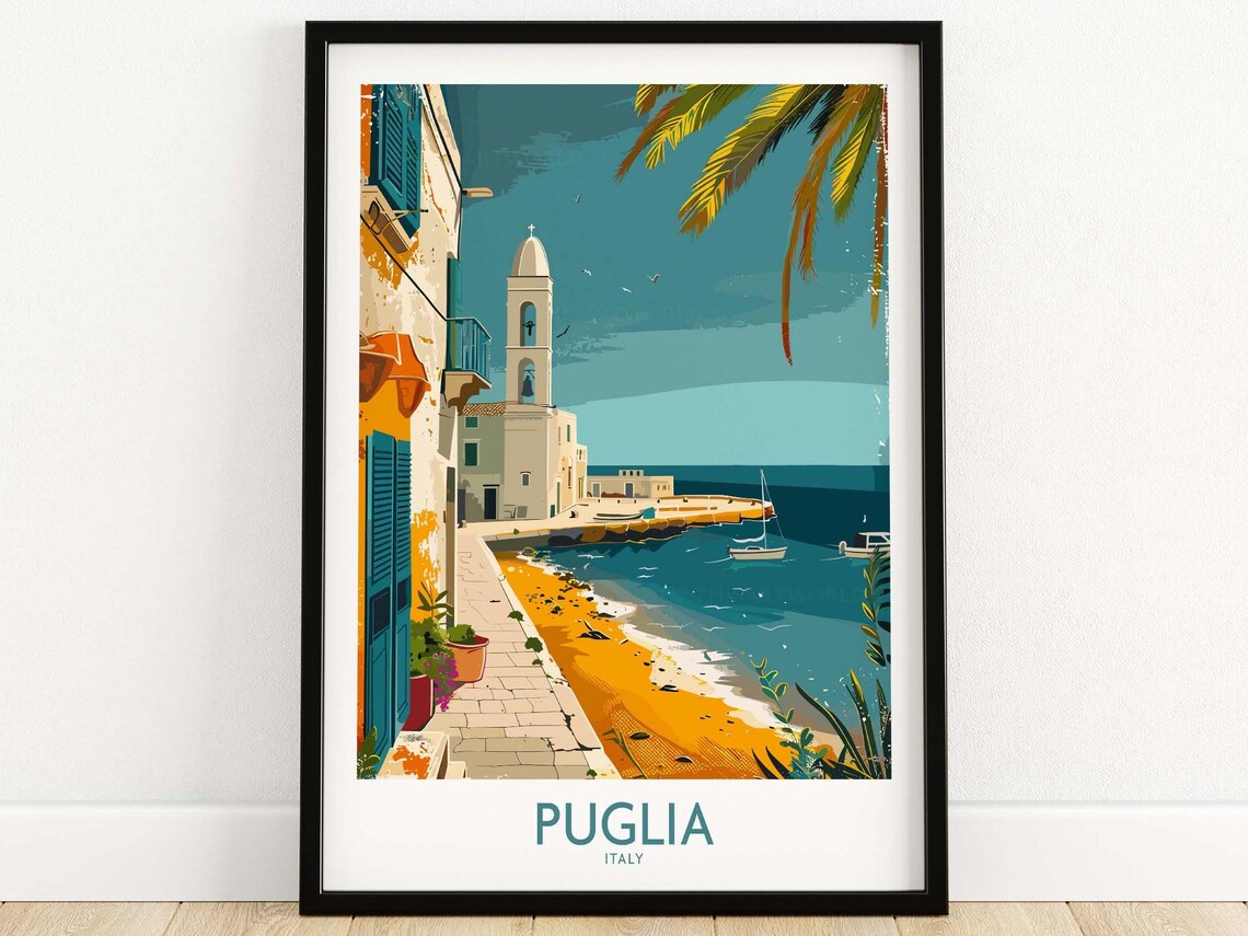 Puglia Italy Coastal Church Seaside Town Vintage Travel Poster