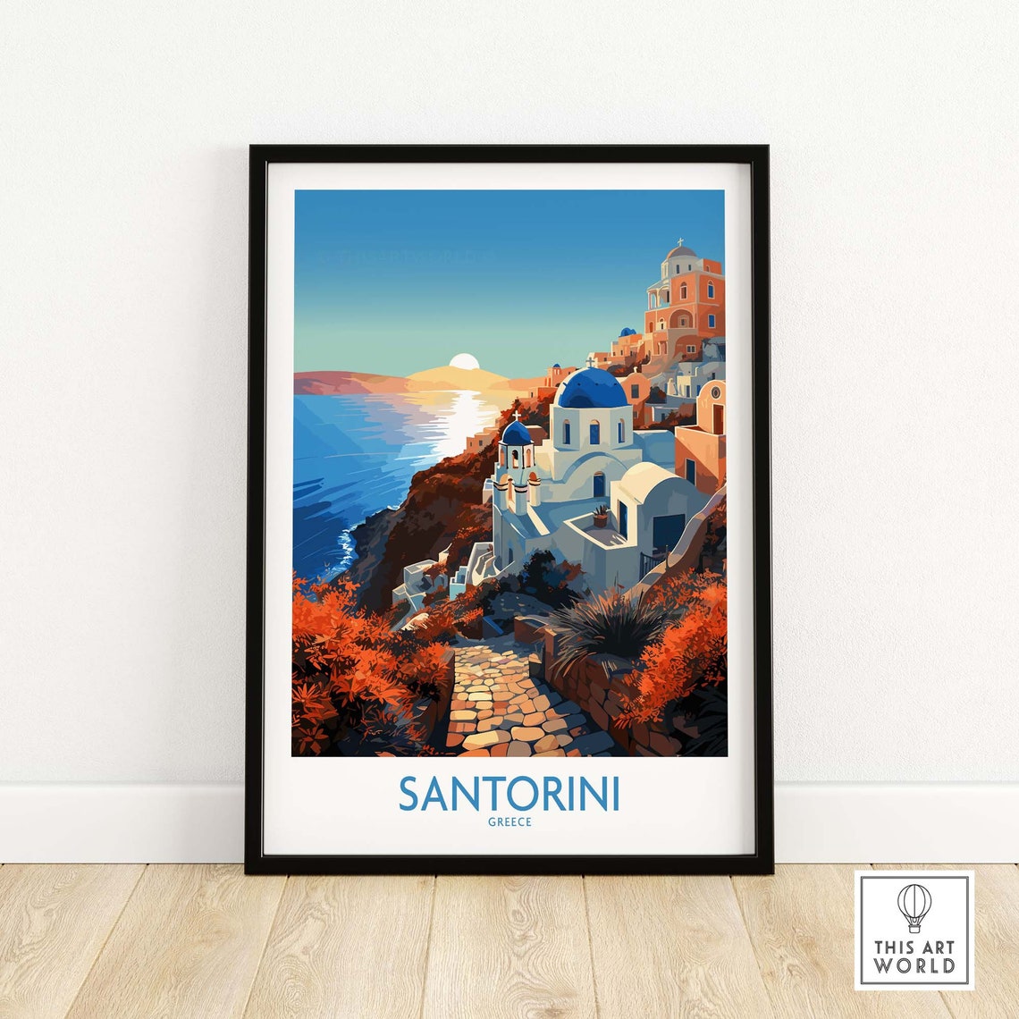 Santorini Greece Whitewashed Blue Domes Caldera Sunset Poster