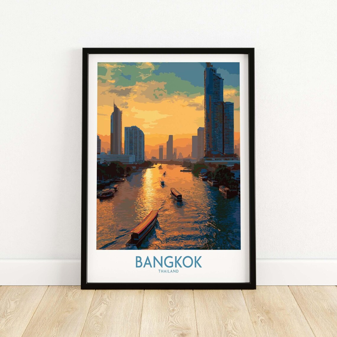 Bangkok Thailand Golden Sunset Chao Phraya River Skyline Travel Poster