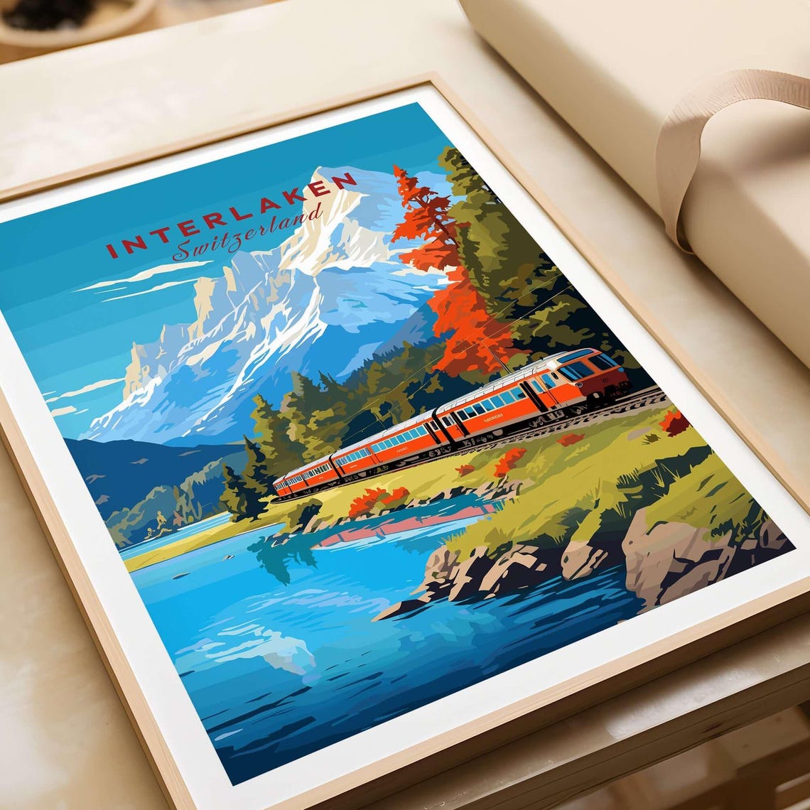 Interlaken Switzerland Red Train Alpine Lake Vintage Railway Poster - Image 2