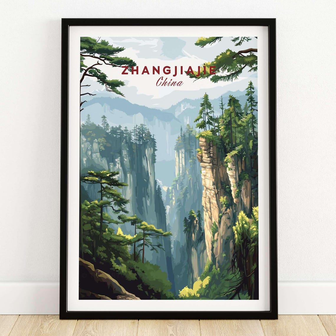 Zhangjiajie China Misty Canyon Forest Pillars Travel Art Poster