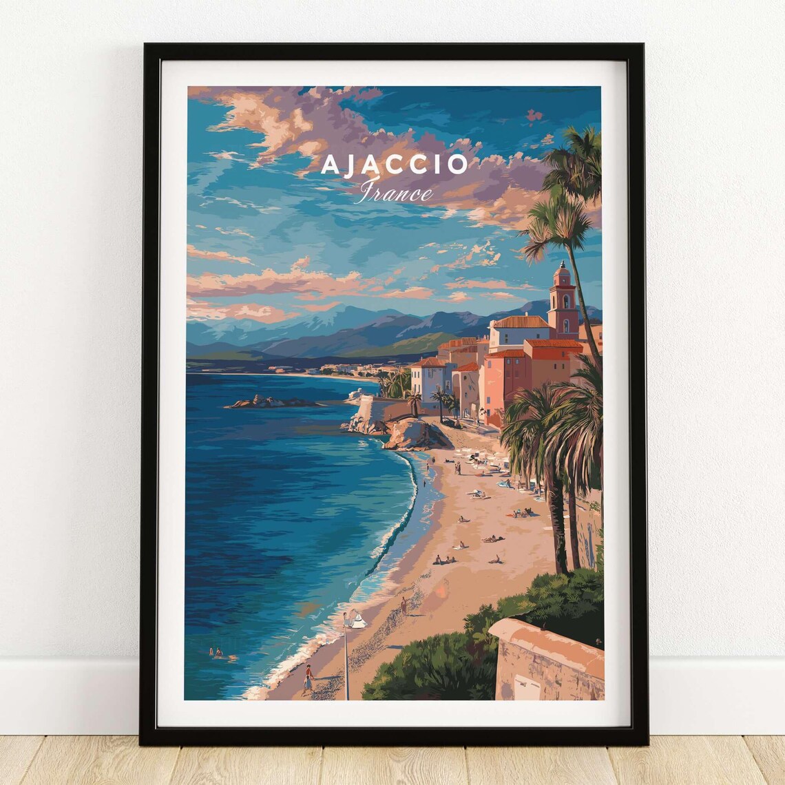 Ajaccio France Mediterranean Beach Palm Town Summer Travel Poster
