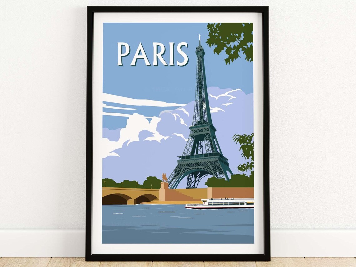 Paris France Eiffel Tower Seine River Cruise Boat Vintage Poster
