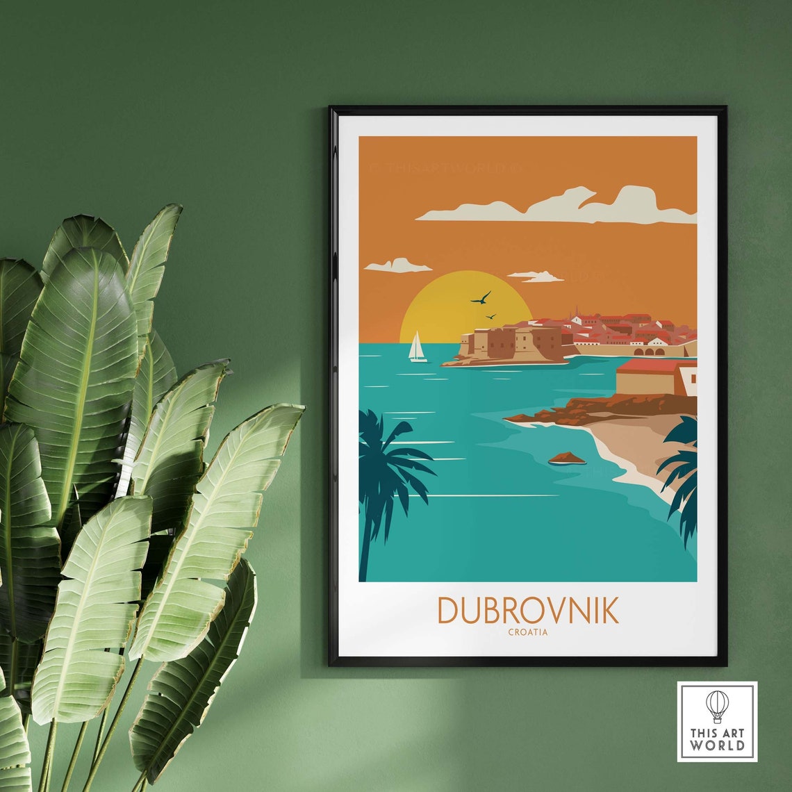 Dubrovnik Croatia Old Town Walls Orange Sunset Sailboat Poster - Image 2