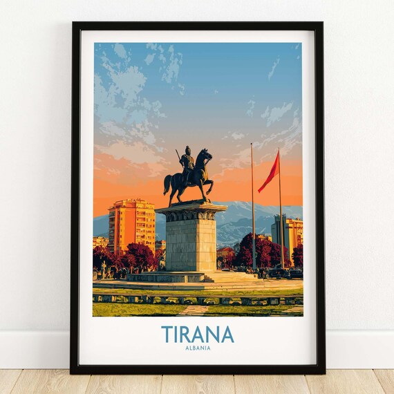 Tirana Albania Skanderbeg Equestrian Monument Sunset Travel Poster