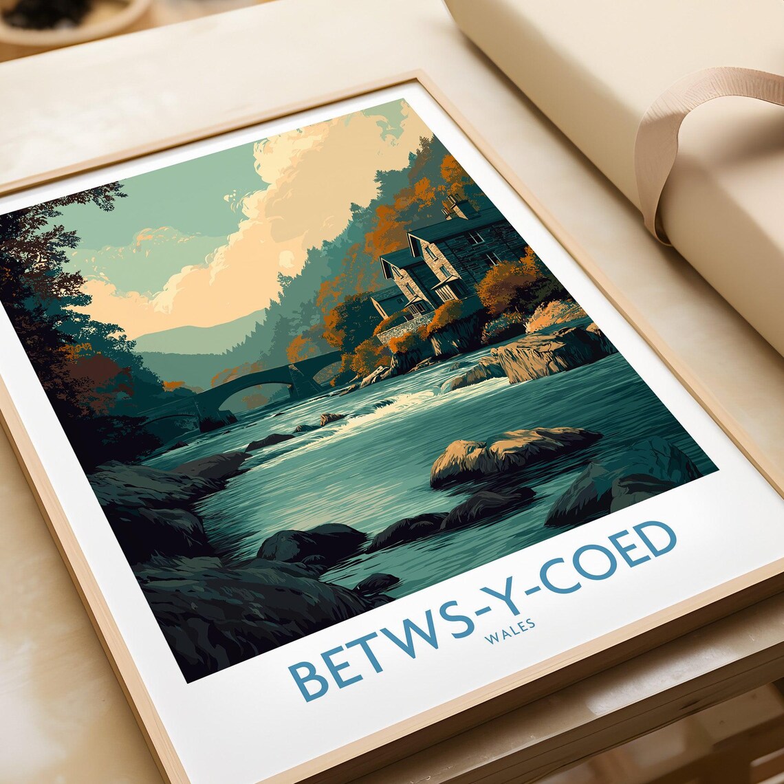 Betws-y-Coed Wales River Bridge Mountain Village Travel Poster