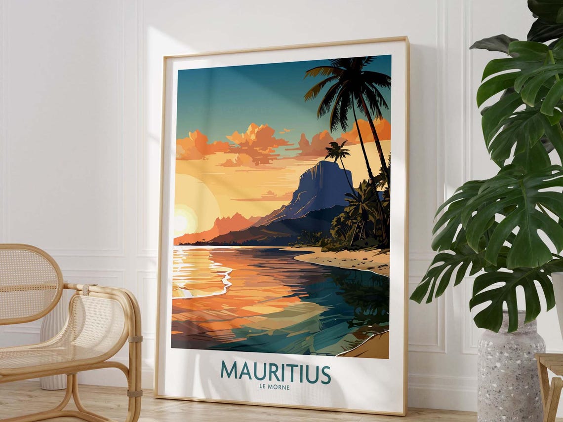 Mauritius Le Morne Golden Sunset Beach Palm Tree Ocean Poster - Image 4