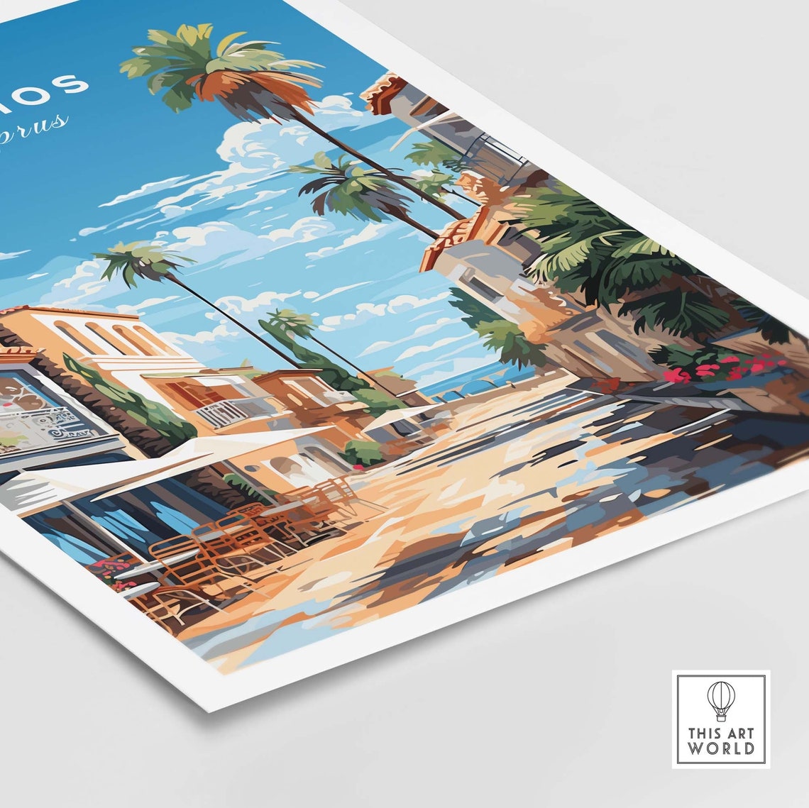 Paphos Cyprus Seaside Promenade Palm Trees Travel Art Poster